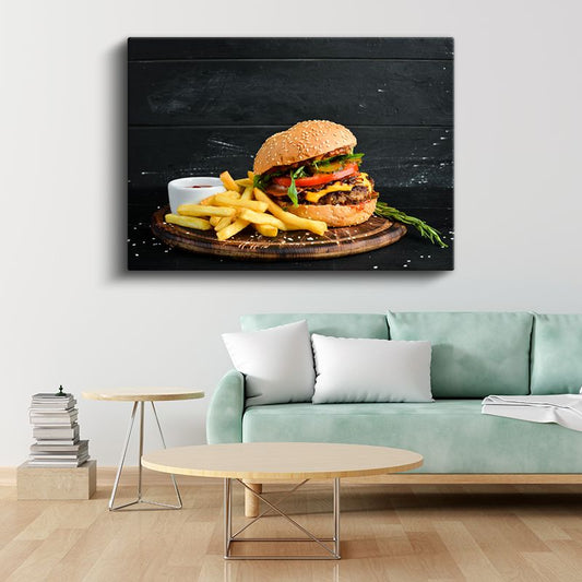 Klasik Hamburger - Patates Kızartması Eşliğinde Kanvas Tablo