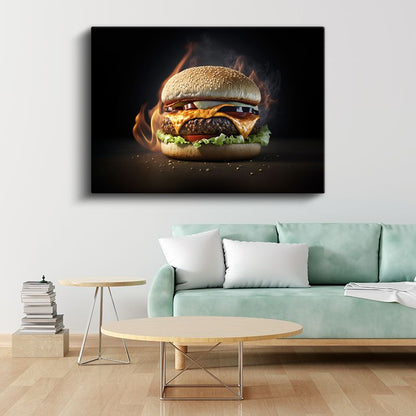 Alevli Burger - Eriyen Peynir Lezzeti Kanvas Tablo