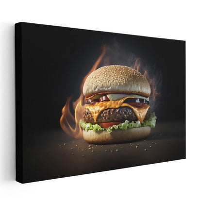 Alevli Burger - Eriyen Peynir Lezzeti Kanvas Tablo