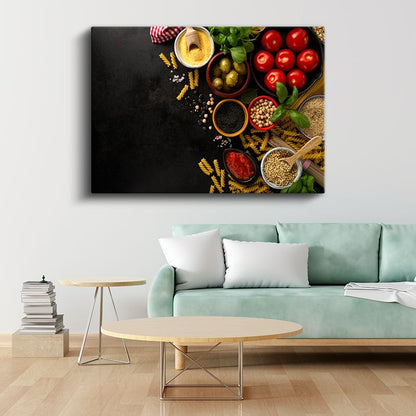 İtalyan Mutfağı - Taze Malzemeler ve Makarna Kompozisyonu Kanvas Tablo