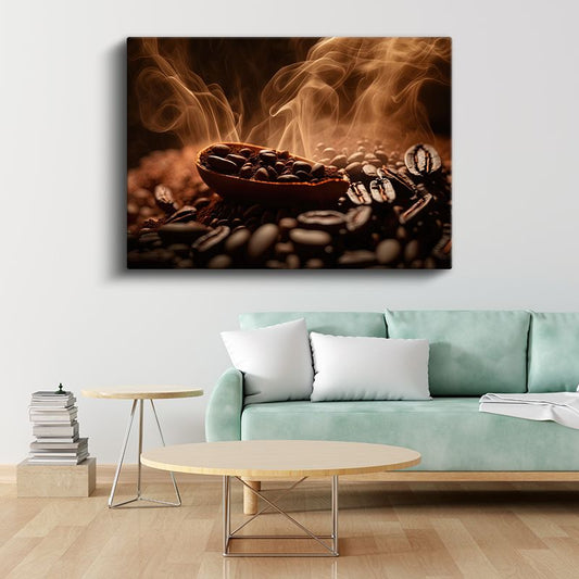 Kahve Çekirdekleri - Buğusu Tüten Aromalı Taneler Kanvas Tablo
