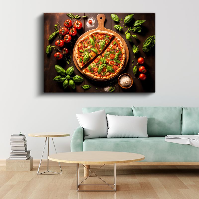 İtalyan Pizzası - Fesleğen ve Domates ile Süslenmiş Lezzet Kanvas Tablo
