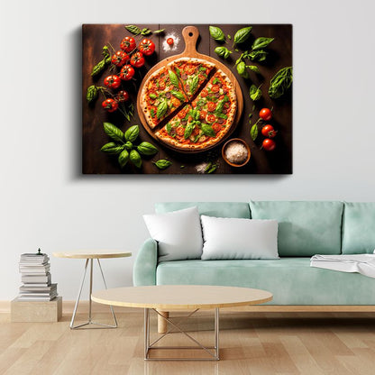 İtalyan Pizzası - Fesleğen ve Domates ile Süslenmiş Lezzet Kanvas Tablo