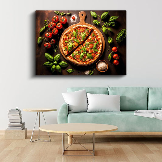 İtalyan Pizzası - Fesleğen ve Domates ile Süslenmiş Lezzet Kanvas Tablo