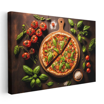 İtalyan Pizzası - Fesleğen ve Domates ile Süslenmiş Lezzet Kanvas Tablo