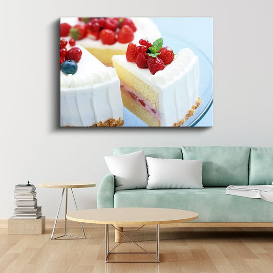 Meyveli Pasta - Kremşanti ve Ahududu Süslemeli Dilimler Kanvas Tablo