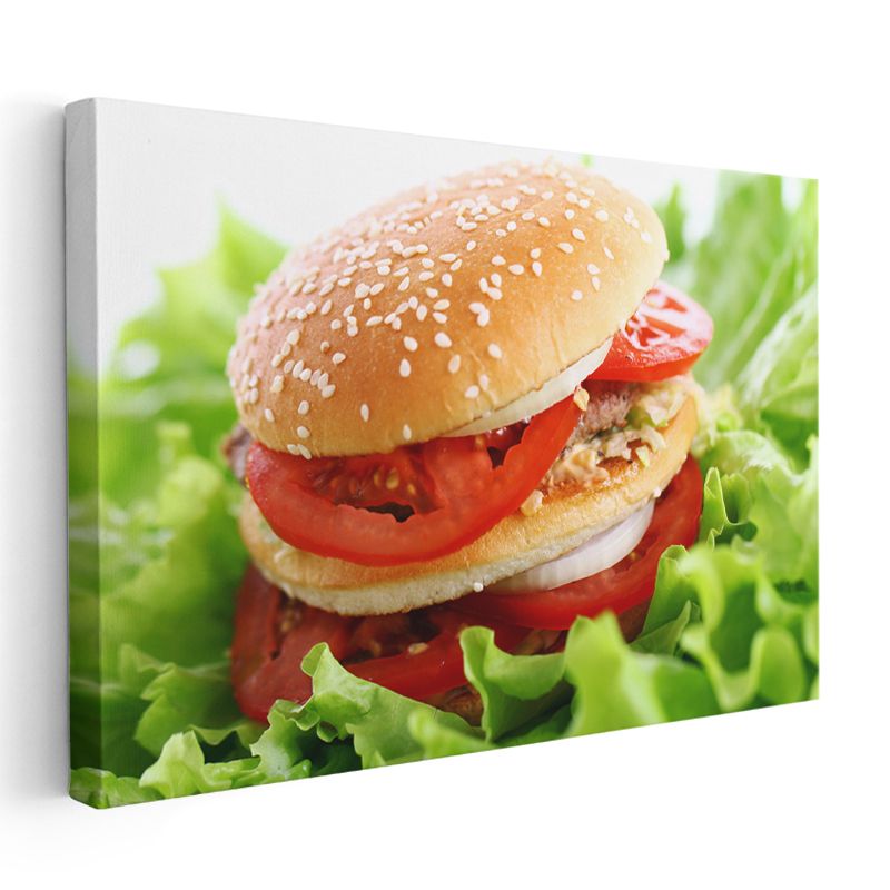Leziz Hamburger - Domates ve Marul İle Kanvas Tablo
