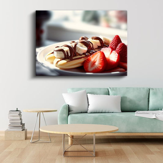 Meyveli Tatlı Tabağı - Çikolata Soslu Muz ve Çilek Kanvas Tablo