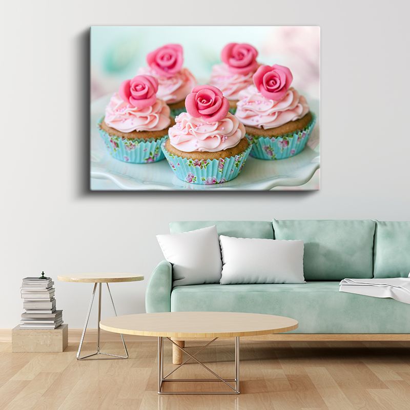 Gül Süslemeli Cupcake - Pembe Kremalı Mini Pastalar Kanvas Tablo