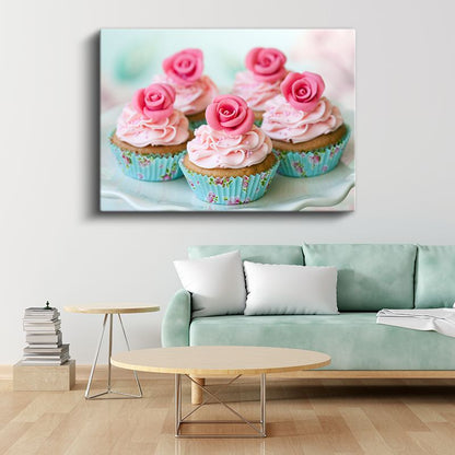 Gül Süslemeli Cupcake - Pembe Kremalı Mini Pastalar Kanvas Tablo