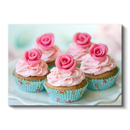 Gül Süslemeli Cupcake - Pembe Kremalı Mini Pastalar Kanvas Tablo