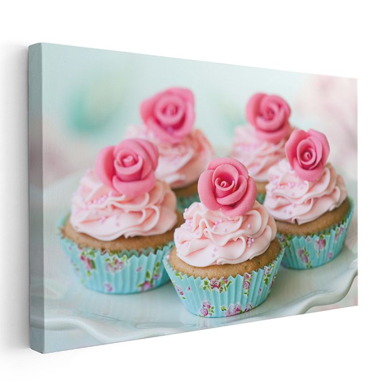 Gül Süslemeli Cupcake - Pembe Kremalı Mini Pastalar Kanvas Tablo