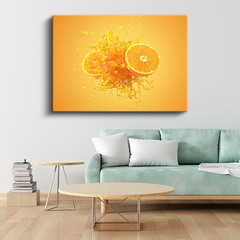 Portakal Suyu - Sıçrayan Damlalar ve Taze Dilim Kanvas Tablo