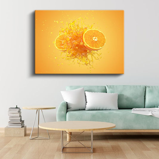 Portakal Suyu - Sıçrayan Damlalar ve Taze Dilim Kanvas Tablo