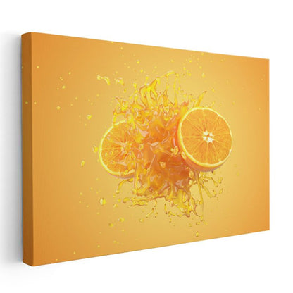 Portakal Suyu - Sıçrayan Damlalar ve Taze Dilim Kanvas Tablo