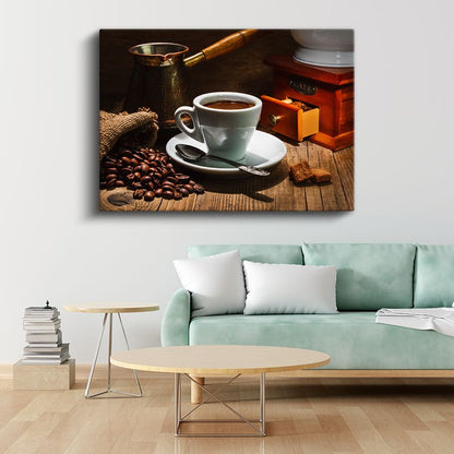 Geleneksel Kahve Keyfi - Fincan ve Değirmen Kanvas Tablo