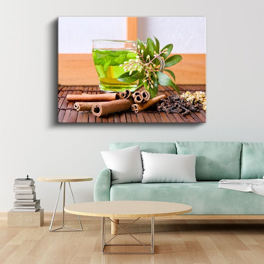 Bitki Çayı - Tarçın ve Yeşillikler Kanvas Tablo