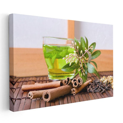 Bitki Çayı - Tarçın ve Yeşillikler Kanvas Tablo