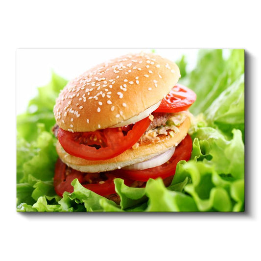 Lezzetli Hamburger - Domates ve Yeşilliklerle Kanvas Tablo
