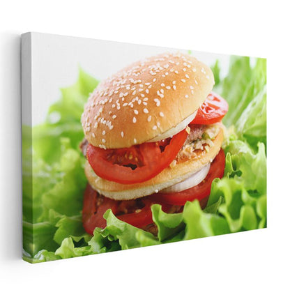 Lezzetli Hamburger - Domates ve Yeşilliklerle Kanvas Tablo