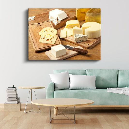 Gurme Peynir Çeşitleri - Ahşap Kesme Tahtasında Sunulmuş Lezzetler Kanvas Tablo