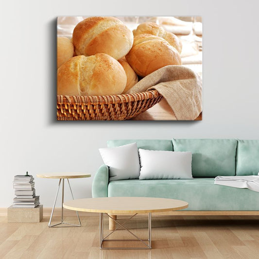 Mini Ekmekler - Hasır Sepette Sunulmuş Taze Fırın Ürünleri Kanvas Tablo