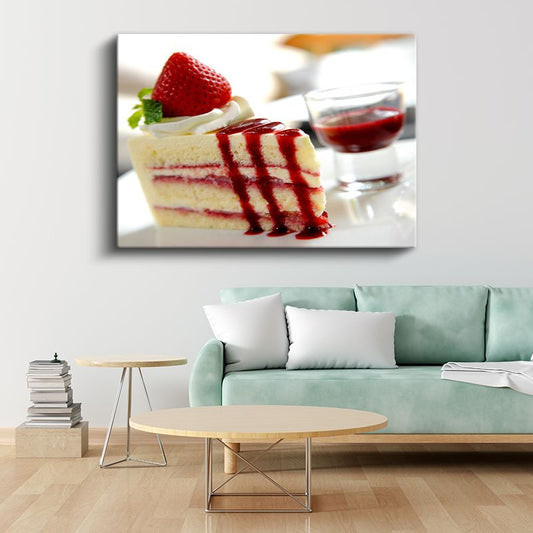 Çilekli Dilim - Kırmızı Soslu Tatlı Kanvas Tablo
