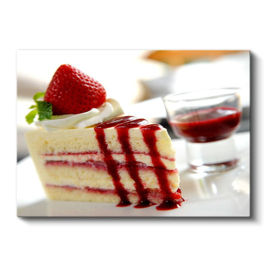 Çilekli Dilim - Kırmızı Soslu Tatlı Kanvas Tablo