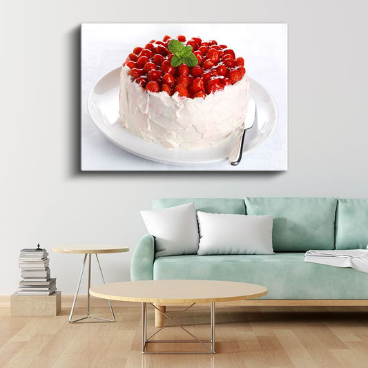 Çilekli Pasta - Kremsi Beyaz Üzeri Kırmızı Meyvelerle Kaplı Kanvas Tablo