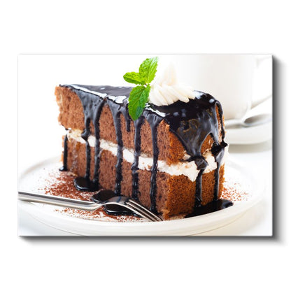 Tiramisu Lezzeti - Çikolata Sosu ile Süslenmiş Katmanlı Pasta Kanvas Tablo