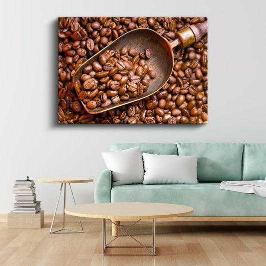 Kahve Çekirdekleri - Ahşap Kepçede Taze Kavurma Kanvas Tablo