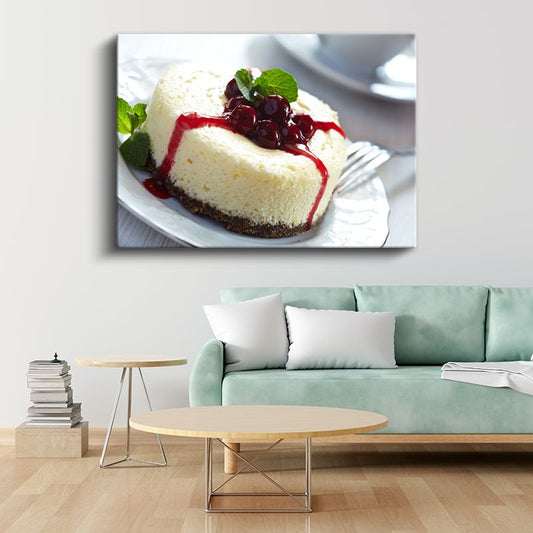 Vişneli Cheesecake - Nane Yapraklı Tatlı Dilimi Kanvas Tablo