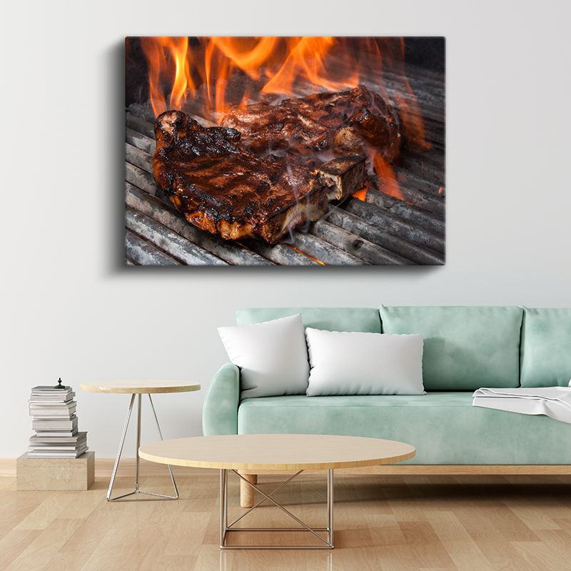 Izgara Biftek - Alevler İçinde Mükemmel Pişmiş Et Kanvas Tablo