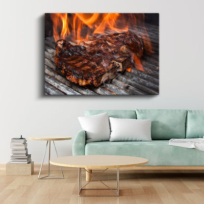 Izgara Biftek - Alevler İçinde Mükemmel Pişmiş Et Kanvas Tablo