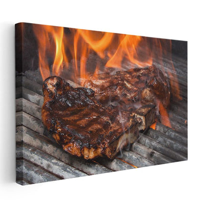 Izgara Biftek - Alevler İçinde Mükemmel Pişmiş Et Kanvas Tablo