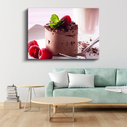 Çikolatalı Mousse - Ahududu ve Nane Yapraklı Tatlı Kanvas Tablo