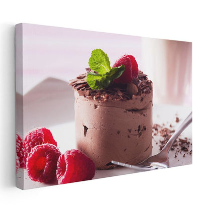 Çikolatalı Mousse - Ahududu ve Nane Yapraklı Tatlı Kanvas Tablo