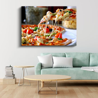 Peynirli Pizza - Uzayan Mozarella ve Taze Malzemeli Kanvas Tablo