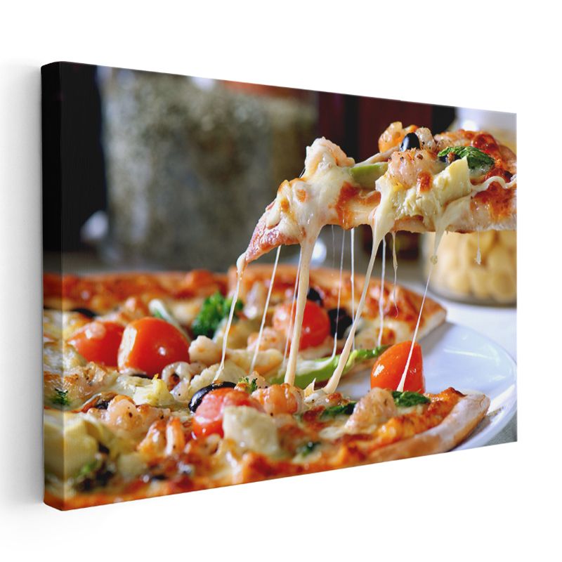 Peynirli Pizza - Uzayan Mozarella ve Taze Malzemeli Kanvas Tablo