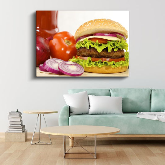 Lezzetli Hamburger - Taze Sebzelerle Hazırlanmış Kanvas Tablo