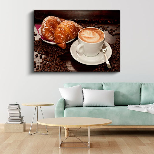 Kahve Keyfi - Latte ve Kruvasan Kanvas Tablo