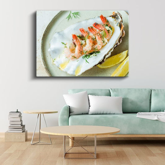 Deniz Mahsulleri - İstiridye Kabuğunda Karidesler Kanvas Tablo