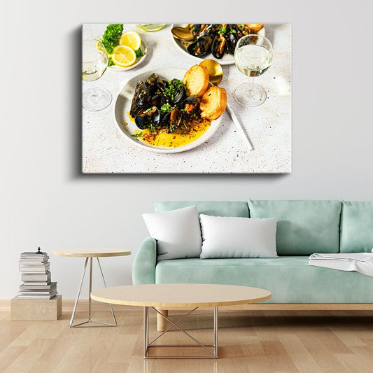 Midye Ziyafeti - Şarap Eşliğinde Deniz Mahsulleri Kanvas Tablo