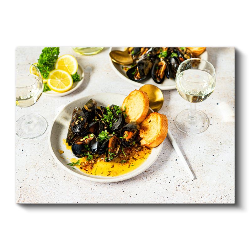 Midye Ziyafeti - Şarap Eşliğinde Deniz Mahsulleri Kanvas Tablo