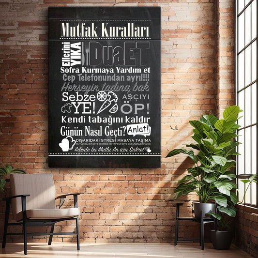 Mutfak Kuralları - Türkçe Ev Dekorasyon Yazısı Kanvas Tablo