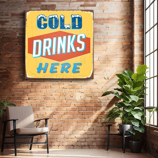 Cold Drinks Here - Retro Yazı Tasarımı Kanvas Tablo