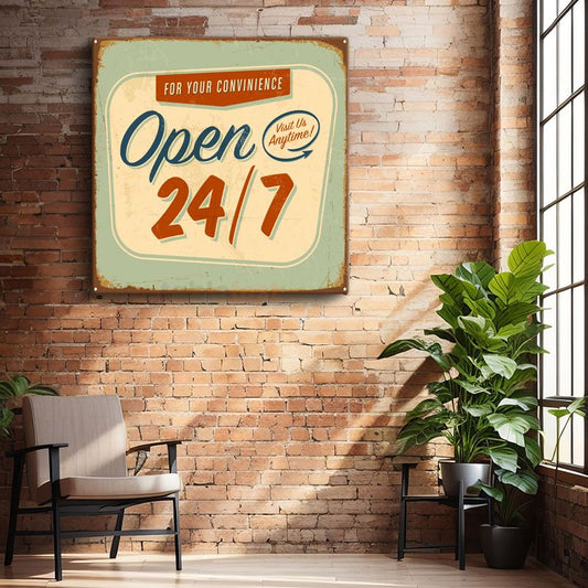 Open 24/7 - Vintage Dükkan Tabelası Kanvas Tablo