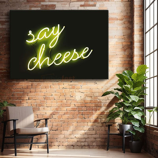 Say Cheese - Neon Yeşil Işıklı Yazı Kanvas Tablo