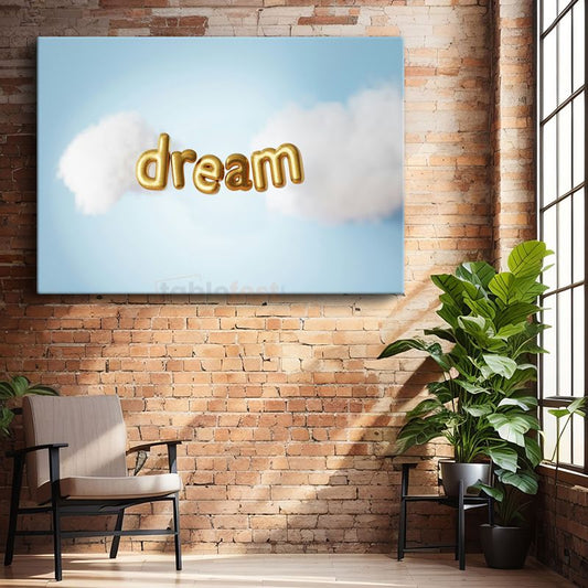 Dream - Altın Balon Harfli Gökyüzü Kanvas Tablo