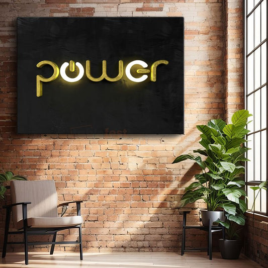 Power - Altın Neon Işıklı Yazı Kanvas Tablo